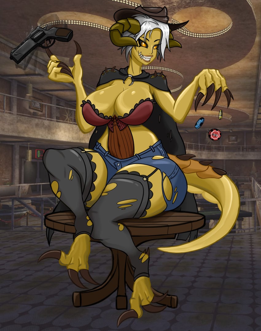 arsfromnowhere_(artist) big_breasts casino claws cowboy_hat cowboy_shot deathclaw deathclaw_humanoid dnd dnd_character dungeons_and_dragons fallout fallout_4 fallout_76 fallout_new_vegas furry gun horns huge_breasts lizard lizard_girl lizard_humanoid monster_girl sketch tall_female taller_female taller_girl wide_hip