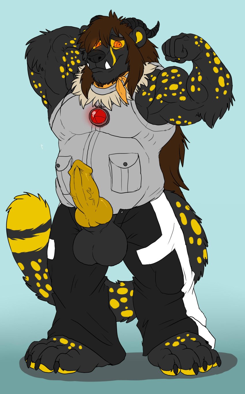 2013 anthro arody balls bear big_balls black_fur canine_penis cheetah chubby clothes color cute erection fangs feline flexing front_view fur furry hair horn jacket knot long_hair male male_only musclegut muscles mutant-serpentina mutant_serpentina naiwi penis silver solo spots sun_bear testicles yellow_fur