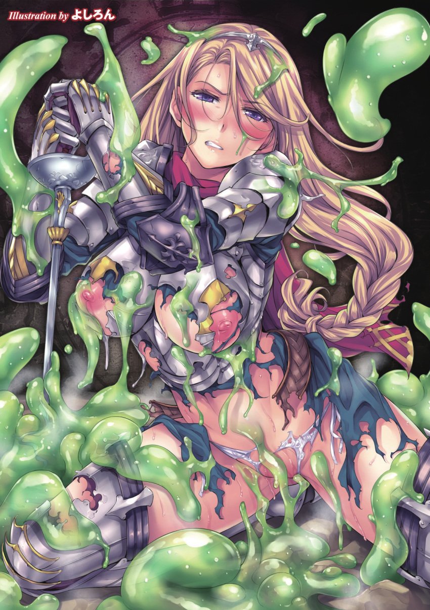 armor blonde_hair blush breasts clothing damaged dissolving_clothes fantasy female gauntlets hairband highres kneeling large_breasts long_hair nipples original panties purple_eyes pussy rapier slime slime_monster solo sword thighhighs underwear weapon yoshiron