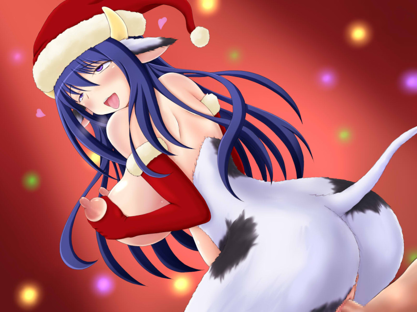 animal_ears anthro anus big_breasts blue_hair blush bovine breast_grab breasts censored christmas erection female from_behind fucked_silly hair hat holidays horn human male nude open_mouth penetration penis purple_eyes pussy santa_hat sex tada_boy vaginal_penetration