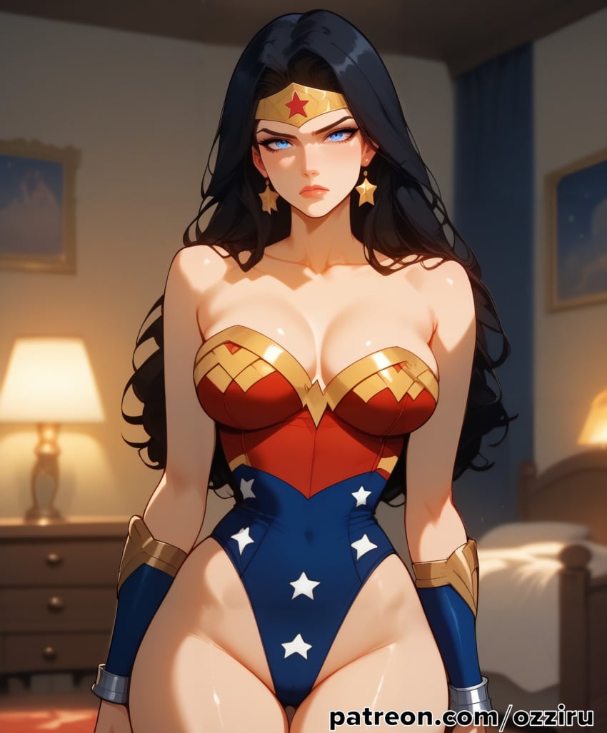 absurd_res ai_generated bed bedroom black_hair dc dc_comics dc_super_hero_girls dcau female female_focus hi_res highres indoors justice_league long_hair ozziru patreon revealing_clothes self_upload superhero superheroine tiara uncensored wonder_woman wonder_woman_(series)