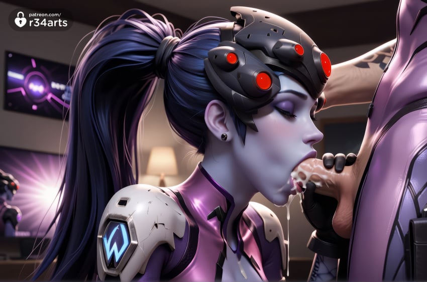 1boy 1girls 2girls ai_generated artist_name balls black_gloves blizzard_entertainment blowjob blue_hair blurry blurry_background bodysuit breasts center_opening closed_eyes colored_skin cum cum_in_mouth earrings fellatio female from_side futa_with_female gloves hair_pulled_back head-mounted_display hi_res indoors jewelry lips long_hair makeup male multiple_girls nose oral overwatch overwatch_2 penis pink_bodysuit ponytail purple_hair purple_lips purple_skin r34arts sniper_rifle straight stud_earrings tattoo testicles thigh_holster uncensored widowmaker