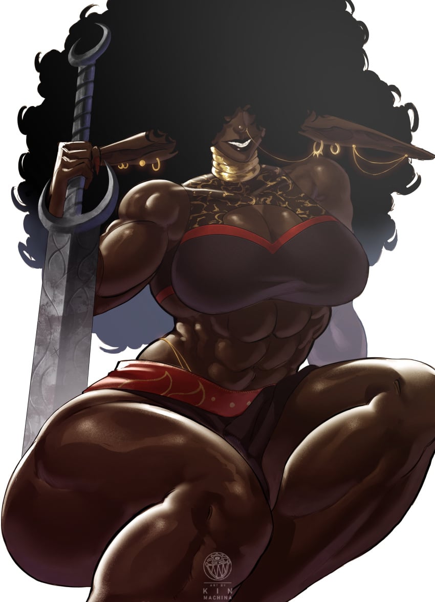1girls abs athletic athletic_female bahaal_(jinn_hunter) big_breasts breasts clothed clothed_female curly_hair dark-skinned_female dark_skin female female_focus female_only giant giant_female giant_woman giantess happy happy_female kin_machina large_boobs large_breasts mini_giantess muscular muscular_female smile smiling solo solo_female solo_focus sword toned toned_female