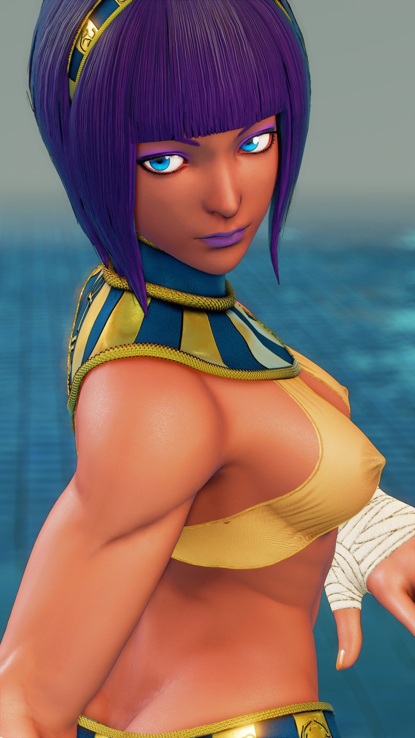 3d areolae athletic athletic_female bob_cut brown_body brown_skin busty egyptian egyptian_female female female_focus female_only hourglass_figure menat_(street_fighter) nipples nudity revealing_clothes see-through see-through_clothing sf_screenshot short_hair skimpy skimpy_clothes street_fighter street_fighter_v tagme wide_hips