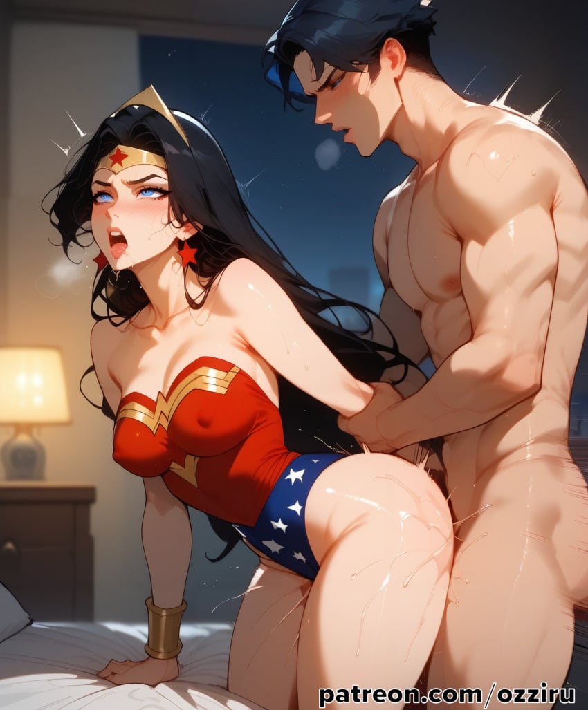 1boy 1boy1girl absurd_res ai_generated arm_grab bed bedroom bent_over black_hair dc dc_comics dc_super_hero_girls dcau doggy_style female female_focus female_penetrated fucked_silly hi_res highres indoors justice_league long_hair male male/female male_penetrating male_penetrating_female ozziru patreon revealing_clothes rough_sex self_upload sex straight superhero superheroine tiara uncensored wonder_woman wonder_woman_(series)