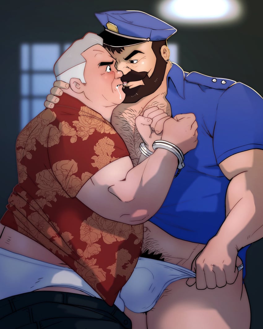 2boys bara ben_10 ben_10_(classic) blush blushing bulge bulge_through_clothing chest_hair chubby drool drool_string fat gay hairy_chest handcuffed happy_trail hawaiian_shirt male male/male male_only max_tennyson old_male pants_pulled_down picsontop plump police police_hat police_officer police_uniform policeman pubic_hair restrained_arms unbuttoned_shirt underwear