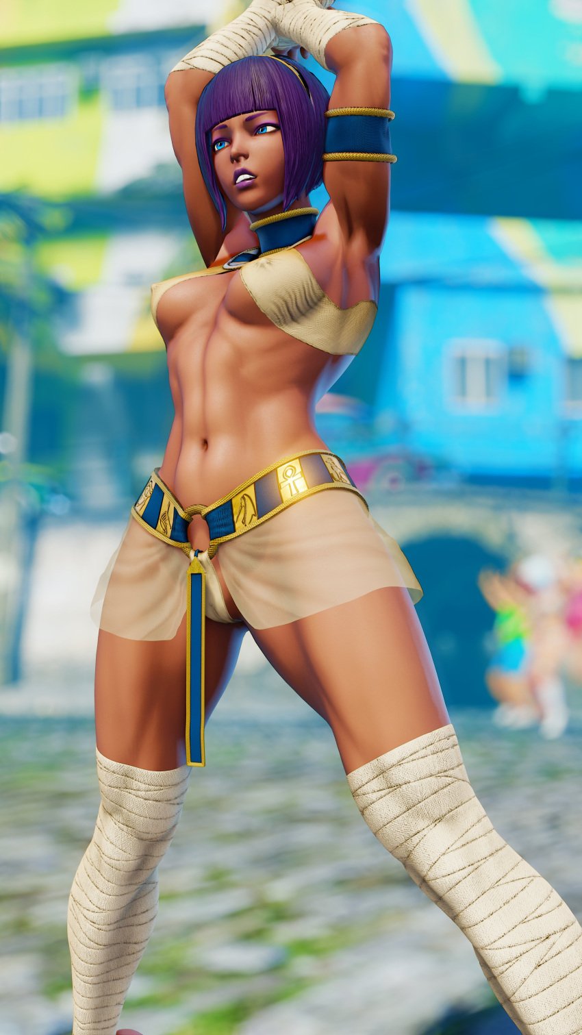 3d areolae athletic athletic_female bob_cut brown_body brown_skin busty egyptian egyptian_female female female_focus female_only hourglass_figure menat_(street_fighter) nipples nudity revealing_clothes see-through see-through_clothing sf_screenshot short_hair skimpy skimpy_clothes street_fighter street_fighter_v tagme wide_hips
