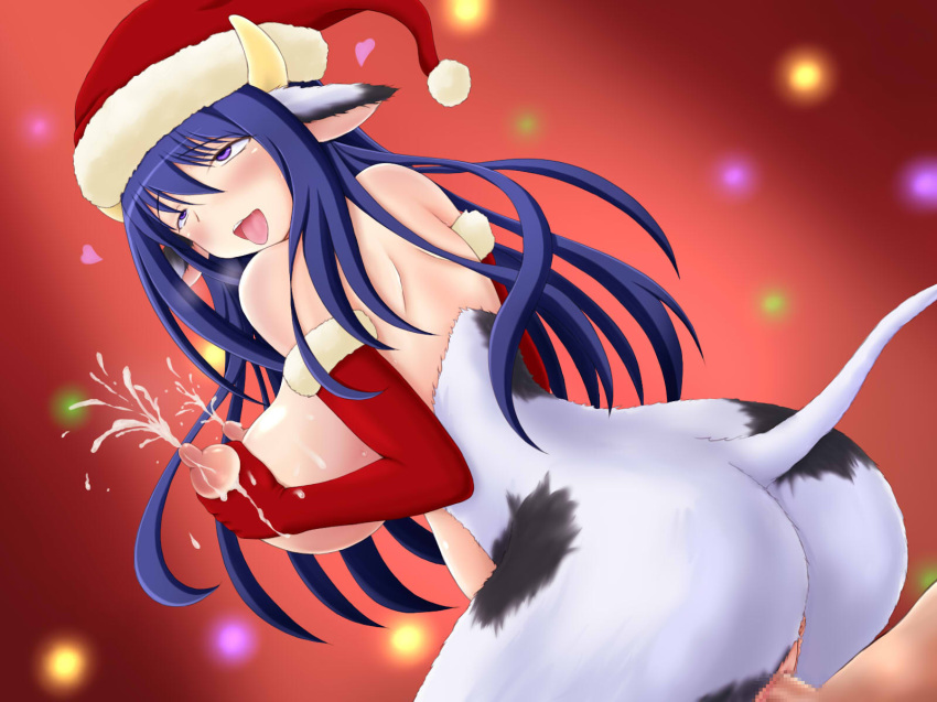 animal_ears anthro anus big_breasts blue_hair blush bovine breast_grab breasts censored christmas erection female from_behind fucked_silly hair hat holidays horn human lactation male milk nude open_mouth penetration penis purple_eyes pussy santa_hat sex tada_boy vaginal_penetration