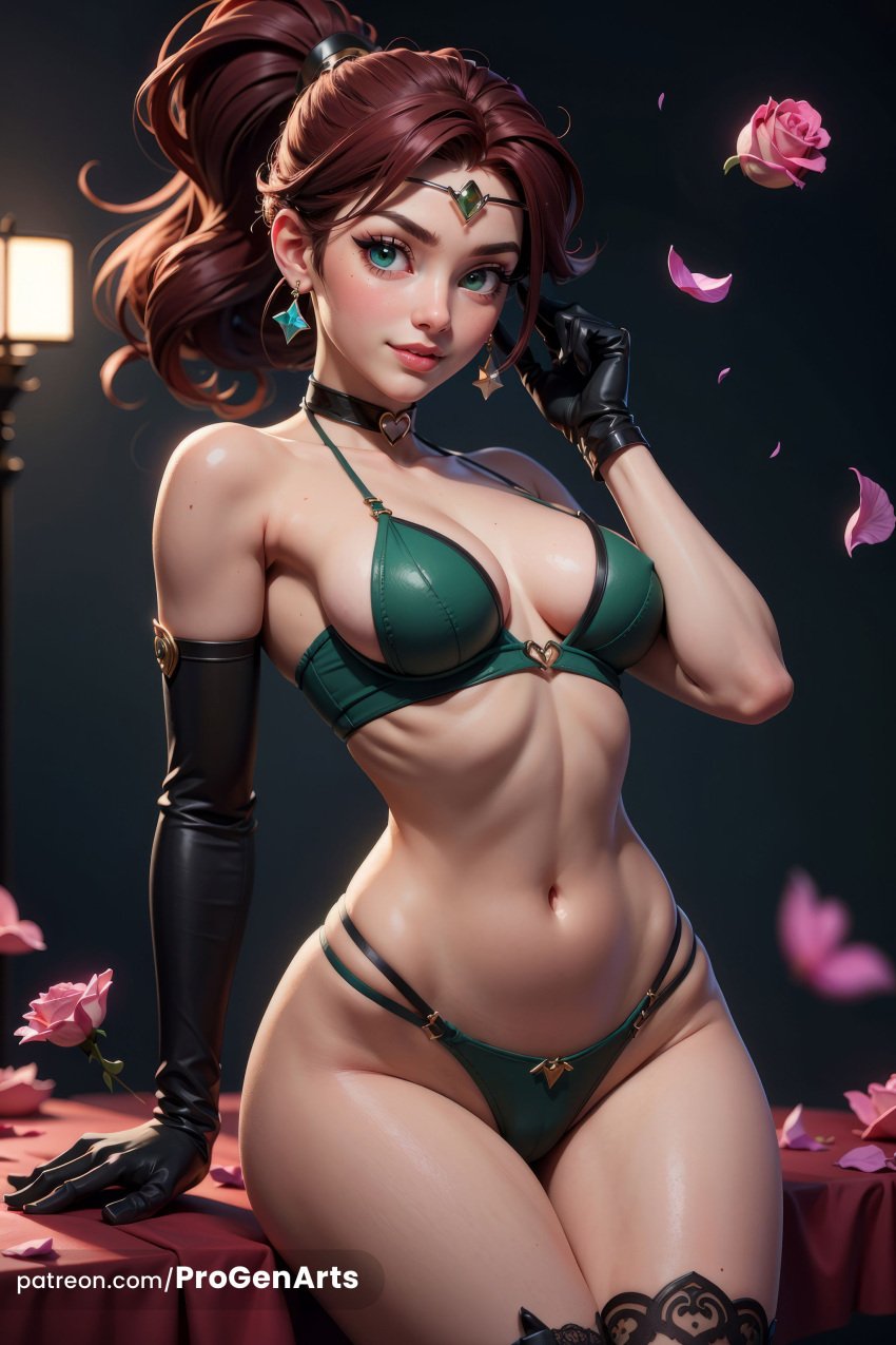1girls ai_generated artist_name asymmetrical_gloves bikini bishoujo_senshi_sailor_moon black_gloves black_thighhighs breasts brown_hair choker circlet earrings elbow_gloves flower freckles gloves green_eyes hi_res jewelry lips long_hair looking_at_viewer makoto_kino medium_breasts mole navel patreon_username petals ponytail progenarts rose sailor_jupiter single_elbow_glove solo stomach swimsuit thighhighs underwear