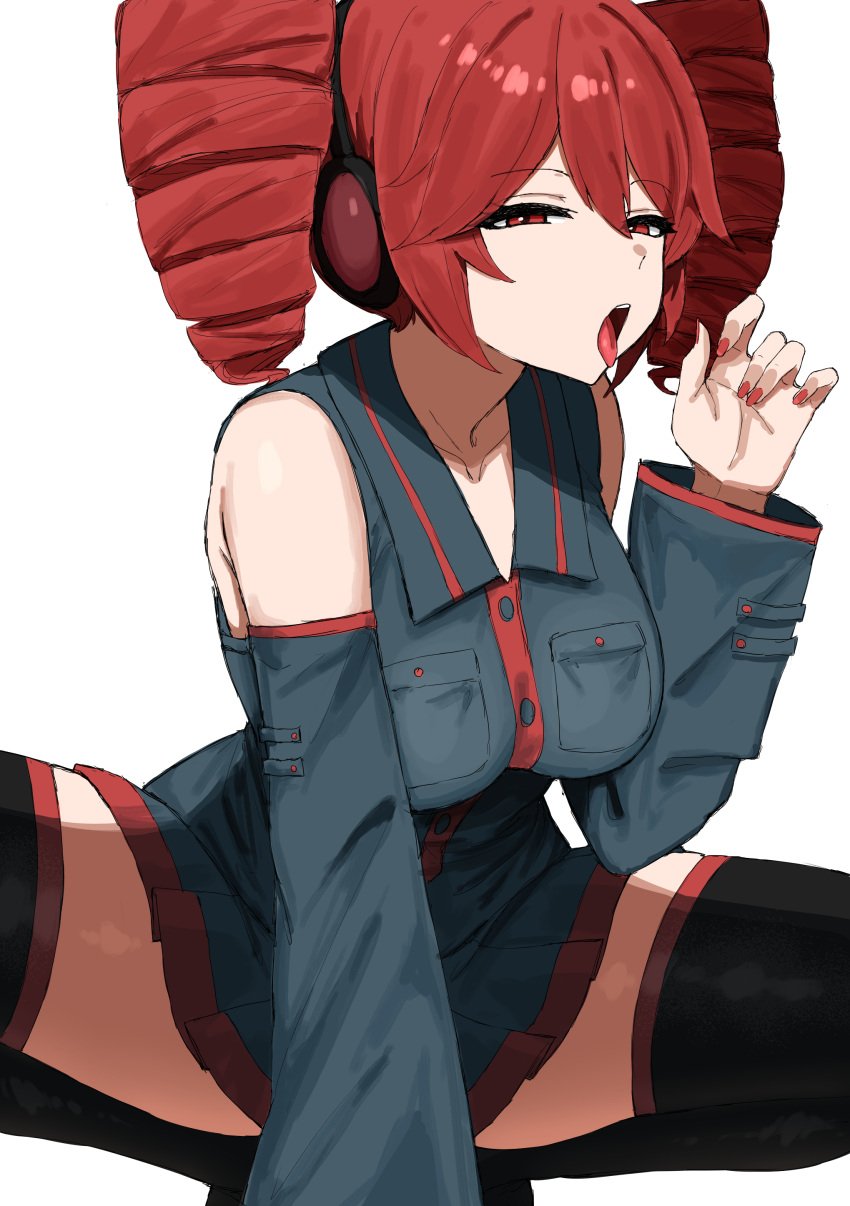 1girls 2d 2d_(artwork) absolute_territory big_breasts big_thighs breasts clothed clothed_female clothing detached_sleeves fellatio_gesture female female_only headgear horny horny_female kasane_teto kumiyabe large_breasts large_thighs nail_polish painted_nails red_eyes red_hair red_nails skirt solo solo_female squatting suggestive suggestive_look suggestive_pose thick_thighs thighhighs thighs tongue tongue_out twin_drills utau white_background