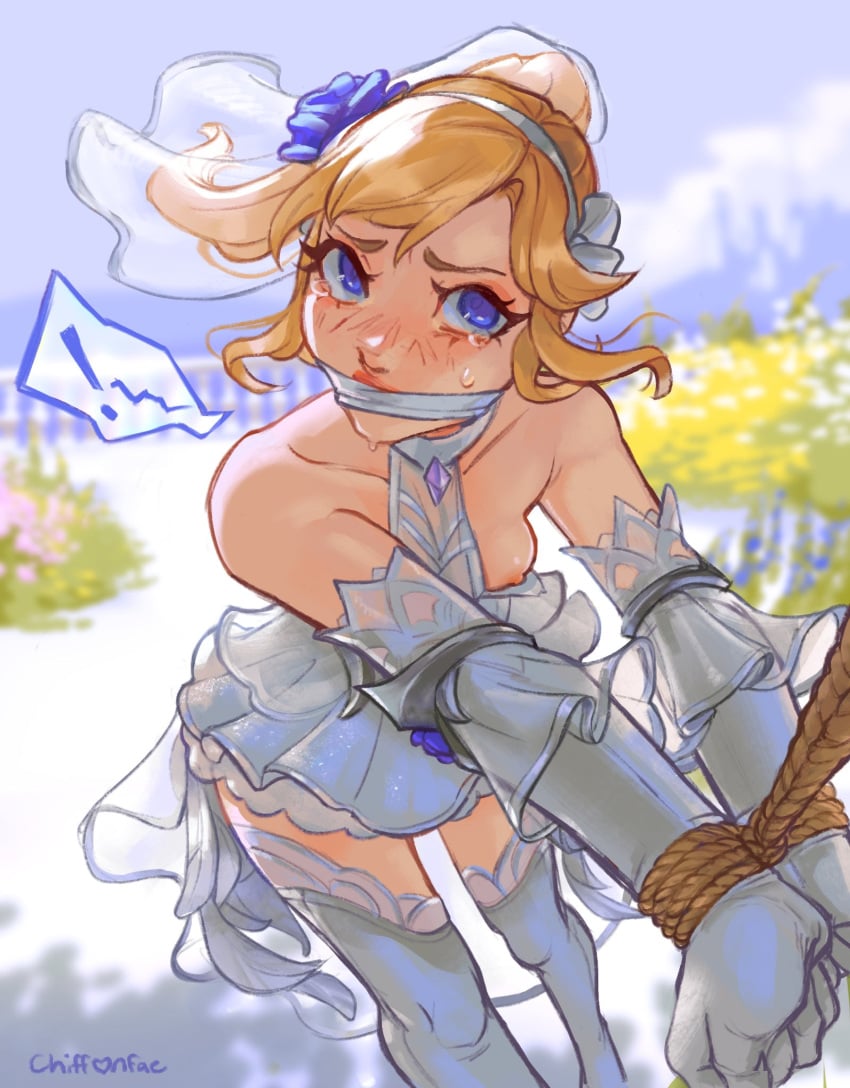 1girls 2025 artist_name blonde_hair blue_eyes blush bondage bound bound_wrists breasts breasts_out bride chiffonfae cloth_gag female female_only femsub gag gagged highres league_of_legends light-skinned_female light_skin luxanna_crownguard nipples rope rope_bondage small_breasts solo tears watermark wedding_dress