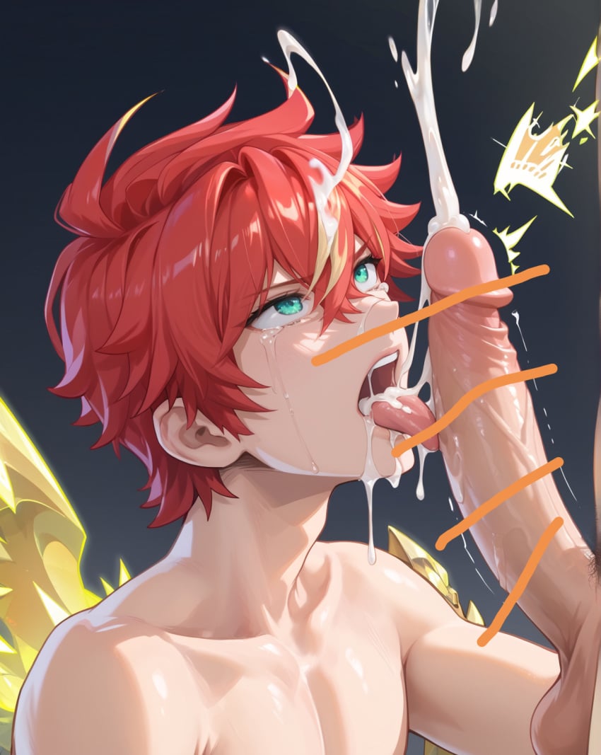 ai_generated bijan_(arena_of_valor) crying_with_eyes_open cum cum_on_face red_hair sun_ce_(honor_of_kings)