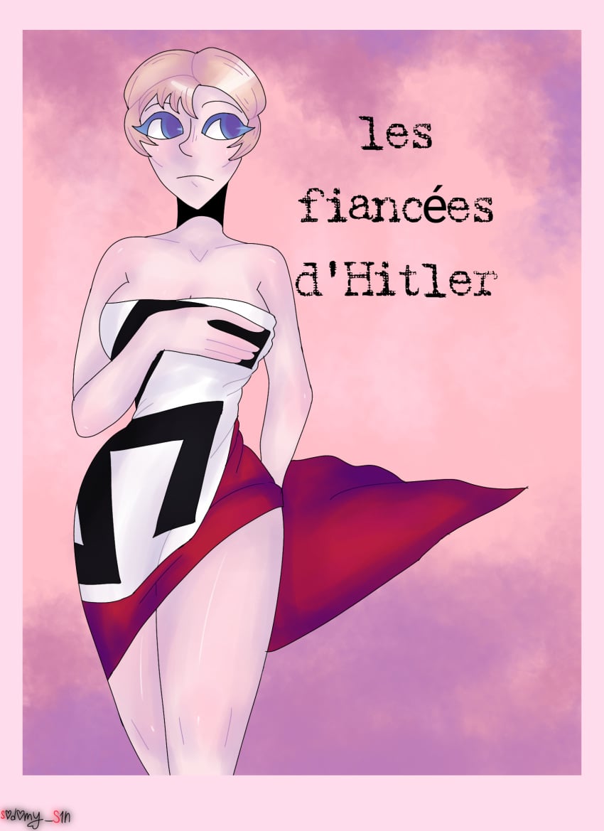 1femboy 1girls almost_naked almost_nude blonde_female blonde_hair blue_eyes female female_focus flag french_text hips male nazi nazi_flag nazi_imagery s0d0my_s1n short_hair solo solo_female solo_focus swastika thighs