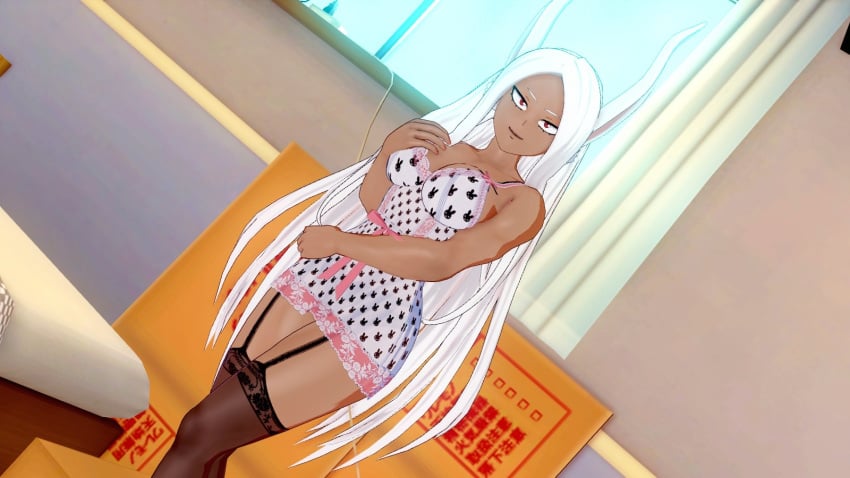 babydoll bedroom_eyes boku_no_hero_academia bunny_ears bunny_girl bunny_print dark-skinned_female koikatsu lingerie miruko my_hero_academia nightgown perfect_idiot red_eyes rumi_usagiyama smiling_at_viewer thighhighs usagiyama_rumi white_hair