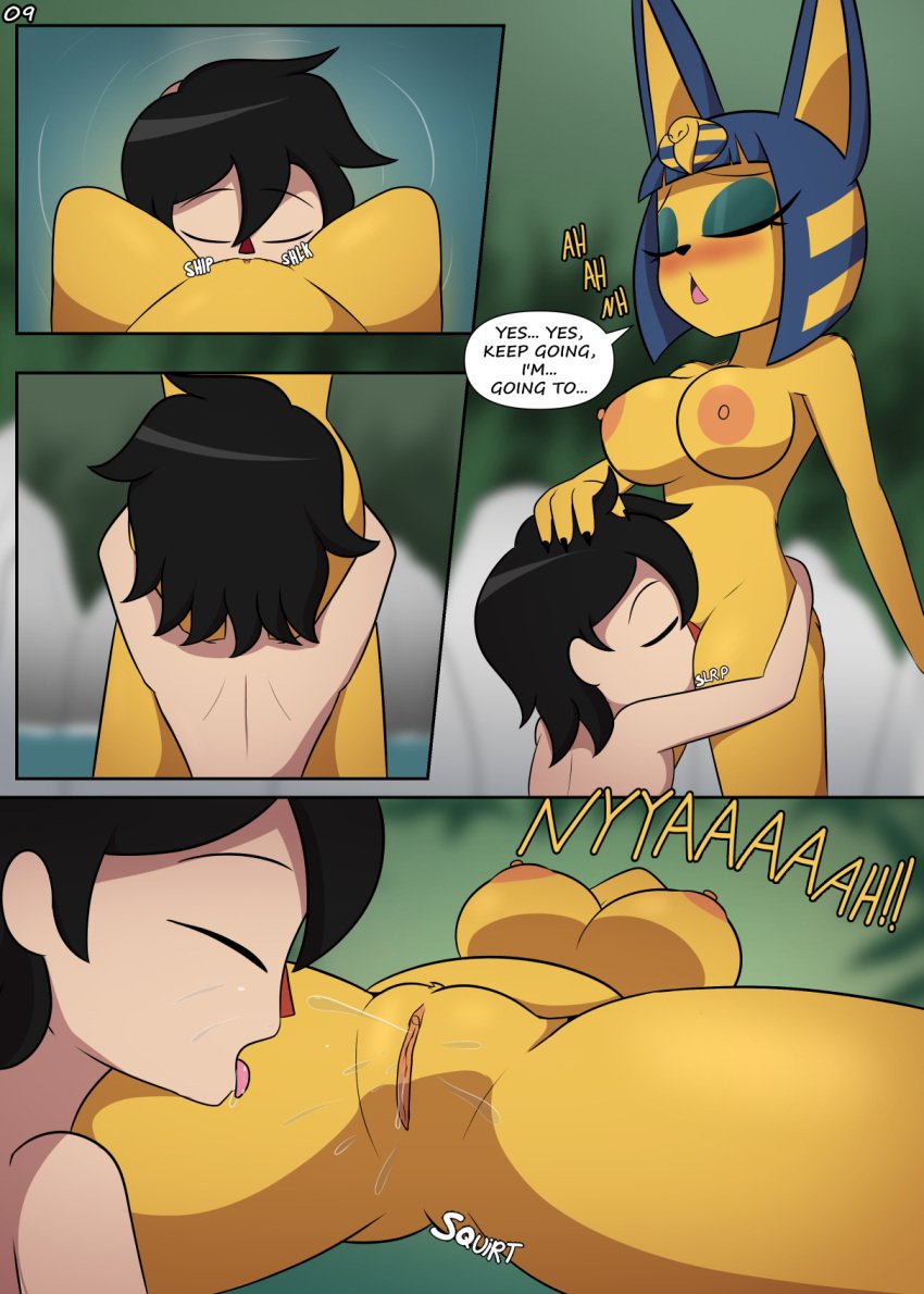 2025 animal_crossing ankha_(animal_crossing) anthro anthro_pov areola big_breasts biped black_hair blue_hair blurred_background blush bodily_fluids breasts closed_eyes colored comic cunnilingus dialogue domestic_cat duo ejaculation english_text felid feline felis female female_pov first_person_view fur genital_fluids hair hand_on_head head_between_legs hi_res human human_on_anthro humanoid_vulva interspecies kneeling_oral_position lake looking_pleasured luckster1234 male male/female mammal medium_hair nintendo nipples nude nude_anthro nude_female nude_human nude_male oral orange_nipples orgasm outside_sex page_number saliva sex shout sound_effects speech_bubble spread_legs spreading text tongue tongue_out under_boob vaginal_fluids vaginal_orgasm vaginal_penetration vaginal_squirting villager_(animal_crossing) water yellow_body yellow_fur