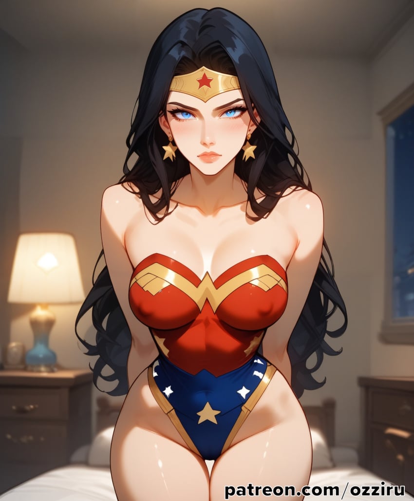absurd_res ai_generated bed bedroom black_hair dc dc_comics dcau female female_focus hi_res highres indoors justice_league long_hair ozziru patreon revealing_clothes self_upload superhero superheroine tiara uncensored wonder_woman wonder_woman_(series)