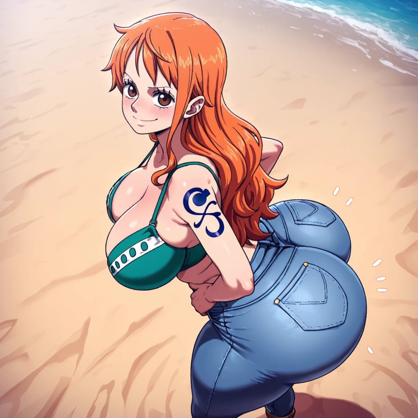 ai ai_generated ass astrawaifu big_ass big_breasts big_butt booty bottom_heavy brown_eyes curvy curvy_ass curvy_body curvy_female curvy_figure curvy_hips dat_ass hands_on_hips huge_ass jeans large_ass large_breasts light-skinned_female nami_(one_piece) one_piece orange_hair presenting_ass thick_ass thick_hips thick_thighs