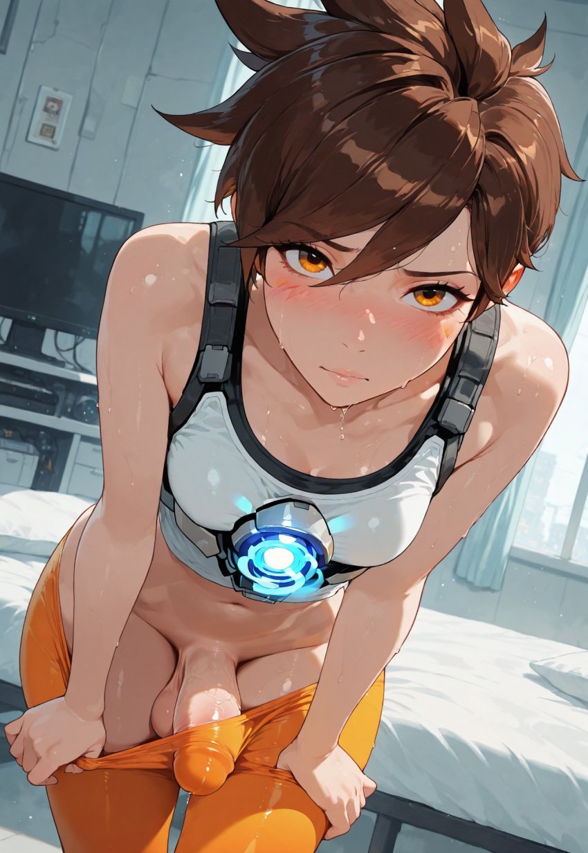 1futa ai_generated balls breasts brown_hair erection erection_under_clothes futa_only futanari intersex jamesbron leggings leggings_pull looking_at_viewer navel no_panties overwatch pants_pull penis penis_bulge penis_reveal revealing_penis short_hair small_breasts solo solo_futa standing thighs tracer