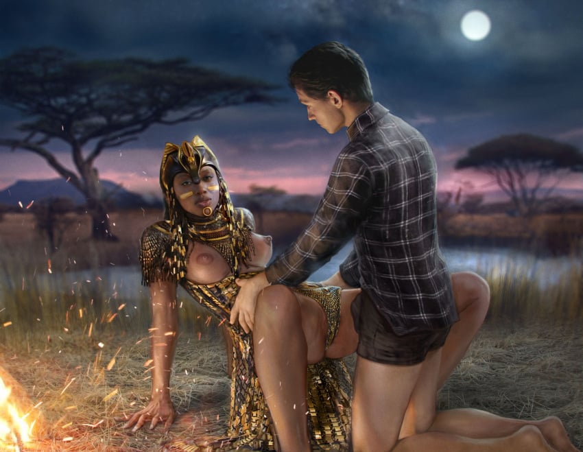 1boy 1boy1girl 1girls age_difference akosia_sabet amelodyj bast bast_(marvel) bast_(marvel_cinematic_universe) bast_(thor:_love_and_thunder) black_hair black_panther_(series) black_skin black_skinned_female boobs_out breasts breasts breasts_out brunette_hair campfire ceremonial_dress egyptian_mythology female female goddess gold_jewelry golden_armor golden_helmet hair_ornament helmet interracial interracial_couple interracial_sex jewelry light-skinned_male male male/female male_penetrating_female marvel marvel_cinematic_universe mcu moon night_sex older_female outdoor_nudity outdoor_sex outdoors outside outside_sex peter_parker savanna shirt spider-man spider-man:_no_way_home spider-man_(series) spider-man_(tom_holland) tattoo tattoo_on_face tattoos thor:_love_and_thunder tom_holland wakanda wakandan younger_male