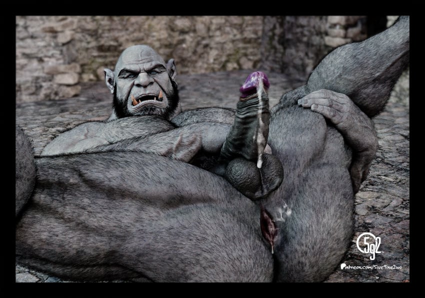 5ive9ine2wo anus ass balls beard bearded black_border blue_eyes bodily_fluids body_hair border cum cum_in_ass cum_inside cum_on_balls cum_on_penis ear_piercing ejaculation erection facial_hair foreskin genital_fluids genitals grey_body grey_skin hair hi_res legs_in_air legs_up looking_at_viewer male male/male muscular orc orgasm orgasm_face penile penis piercing pointy_ears solo spreading tusk_ring tusks