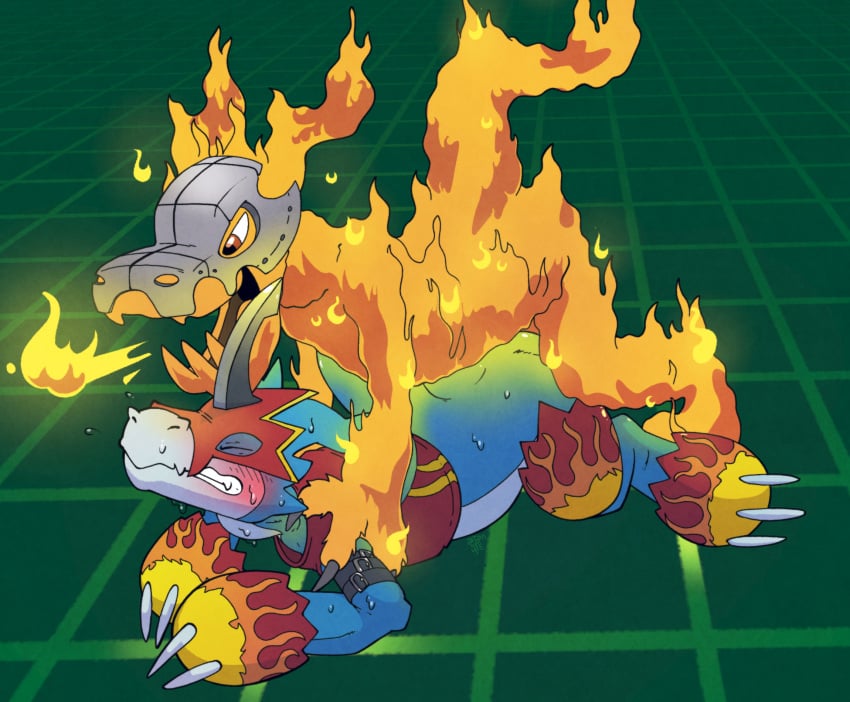 anal anal_sex argon_vile armor ass_up bandai_namco blue_body blush bodily_fluids breath_powers clenched_teeth closed_eyes digimon digimon_(species) dragon duo elemental_creature elemental_manipulation fire fire_breathing fire_creature fire_manipulation flamedramon flaming flarerizamon from_behind_position headgear helmet hi_res male male/male male_penetrated male_penetrating male_penetrating_male mythological_creature mythological_scalie mythology orange_body penetration pinned pinned_to_ground prone_bone_position scalie sex sweat teeth unconvincing_armor