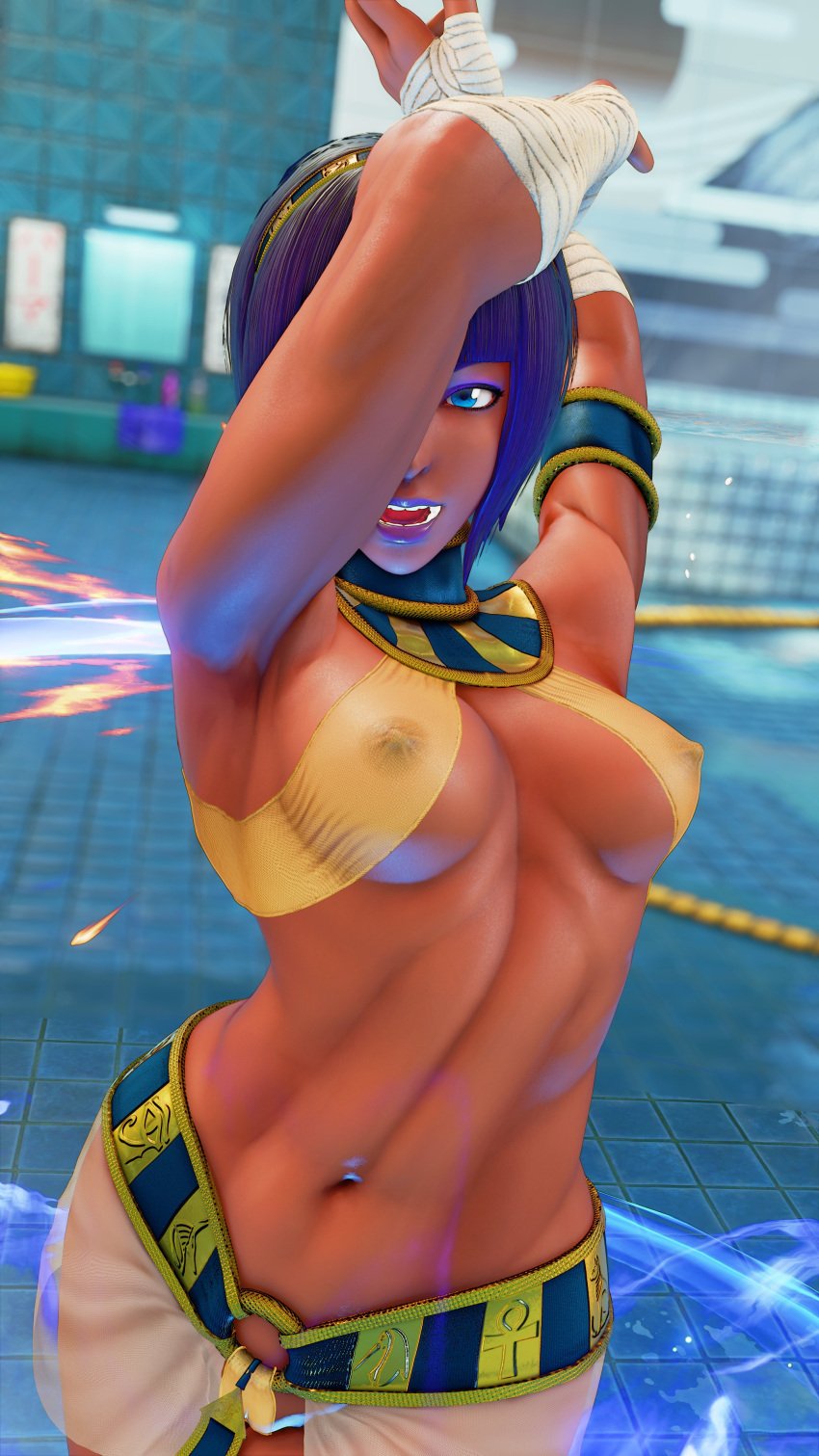 3d areolae athletic athletic_female bob_cut brown_body brown_skin busty egyptian egyptian_female female female_focus female_only hourglass_figure menat_(street_fighter) nipples nudity revealing_clothes see-through see-through_clothing sf_screenshot short_hair skimpy skimpy_clothes street_fighter street_fighter_v tagme wide_hips