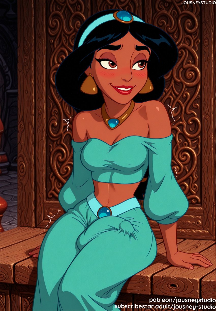 ai_generated aladdin aladdin_(1992_disney_film) aladdin_(disney) aqua_shirt arabian_clothes bare_shoulders black_hair blue_shirt blush breasts brown_eyes bulge cleavage clothing crop_top dark-skinned_female dark_skin disney disney_princess earrings english_text erection erection_under_clothes female female female_only fingernails futanari hairband headwear indoors intersex jasmine jasmine_(aladdin) jewelry jousneystudio lips long_sleeves makeup medium_breasts midriff navel necklace off-shoulder_shirt off_shoulder pants penis princess_jasmine puffy_sleeves shirt sitting smile solo thick_eyebrows thighs tiara trembling