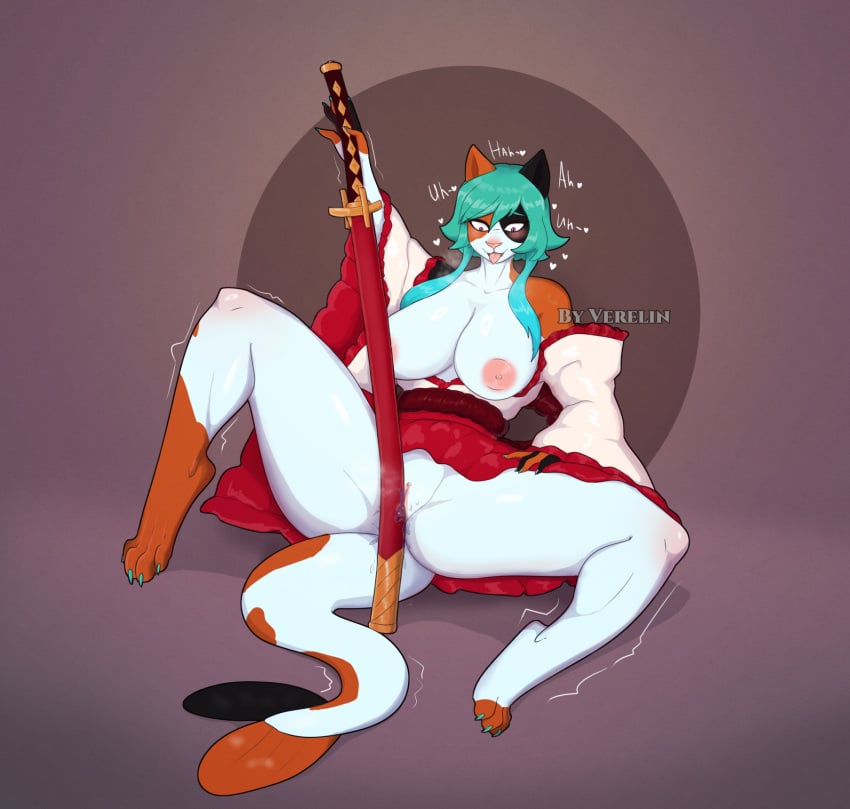 2025 ahe_gao ambiguous_fluids amur_carp anthro asian_clothing carp clothing cyprinid cypriniform east_asian_clothing felid feline female fish fish_tail happy hi_res hybrid japanese_clothing katana kimono koi looking_pleasured lying mammal marine masturbation melee_weapon object_insertion on_back solo spread_legs spreading sword typical_carp verelin weapon