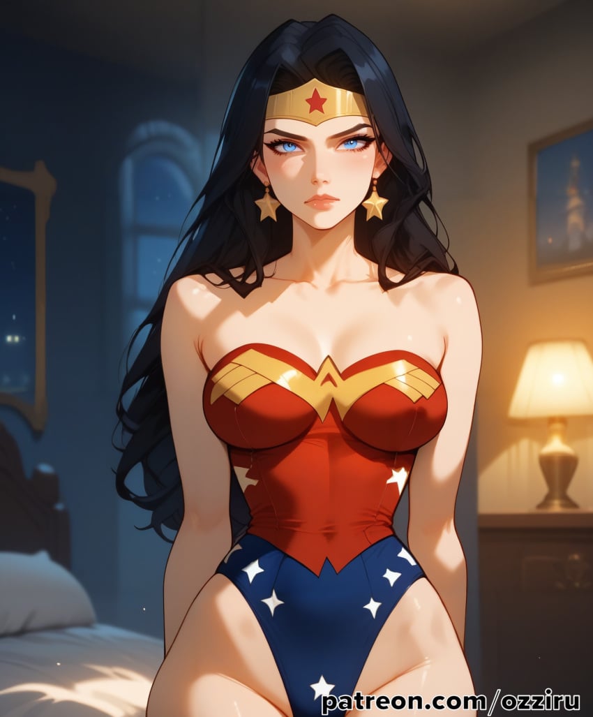 absurd_res ai_generated bed bedroom black_hair dc dc_comics dc_super_hero_girls dcau female female_focus hi_res highres indoors justice_league long_hair ozziru patreon revealing_clothes self_upload superhero superheroine tiara uncensored wonder_woman wonder_woman_(series)
