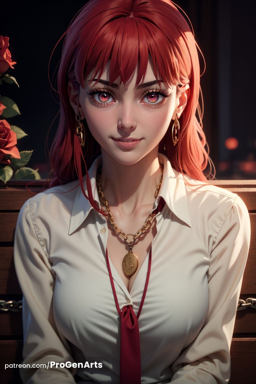 1girls ai_generated artist_name bench breasts chains chainsaw_man cleavage collarbone collared_shirt earrings eyelashes flower gold_earrings hi_res hoop_earrings jewelry large_breasts lips long_hair long_sleeves looking_at_viewer makima_(chainsaw_man) medium_breasts necklace necktie nose parted_lips patreon_username progenarts red_eyes red_flower red_hair red_necktie red_rose rose shirt sitting smile solo upper_body web_address white_shirt