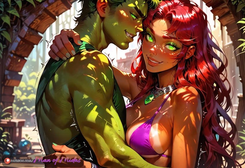 ai_generated arms_around_partner bangs beach beast_boy beast_boy_(teen_titans) bigger_male blush blush couple couple_(romantic) green_eyes green_eyeshadow hand_on_breast hugging large_breasts makeup manofmidas purple_bikini red_hair seaside starfire starfire_(teen_titans) teen_titans