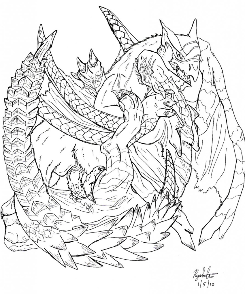 2010 bite capcom clawing claws dragon feral flying_wyvern fur line_art male monster_hunter monster_hunter_freedom_2 monster_hunter_freedom_unite nargacuga penetration penis ryshili scalie sex tigrex video_games wings wyvern