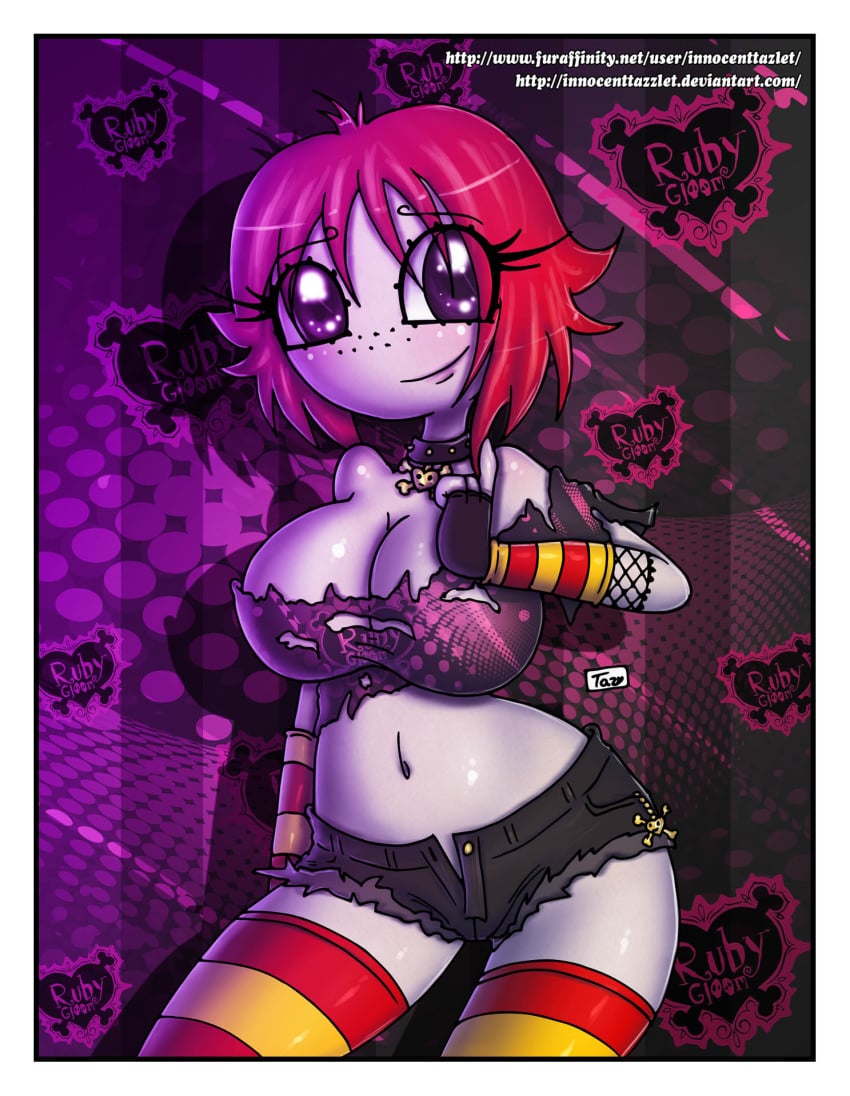 aged_up big_breasts breasts cleavage female female_only grey_skin huge_breasts human innocenttazlet red_hair ruby_gloom ruby_gloom_(franchise) shorts solo stockings torn_clothes