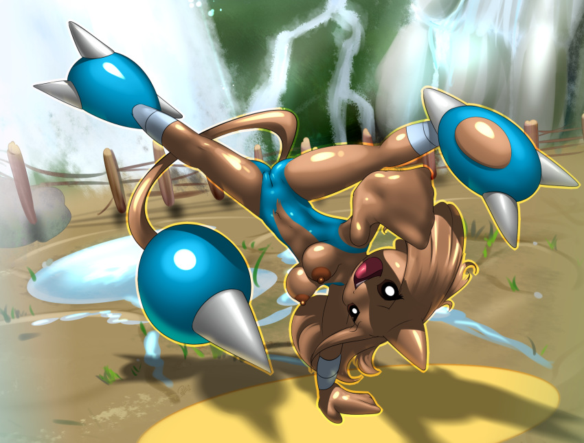 >:d anthro anthrofied ass barefoot big_feet breasts brown_eyes capoeira claws clothed clothes color crossover day elpatrixf eyelashes female fence grass half-dressed handstand hi_res hitmontop looking_at_viewer navel nintendo nipples open_mouth outdoors plant pokémon_(species) pokemon pokemon_battle_revolution puddle pussy raised_leg rock rule_63 sharp_claws solo spread_legs spreading tekken toe_claws tongue two_toes upside-down video_games water waterfall wood