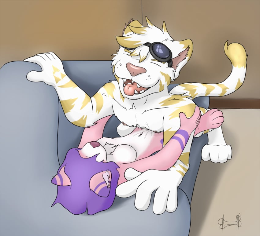 anthro cum eyewear feline female fur furry fuzzywuff goggles male open_mouth orgasm pinned_down samantha simple_background sofa straight stripes teenager teeth tiger torahi white_tiger young