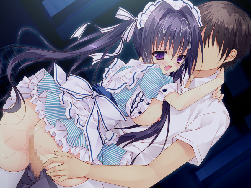 ass blush breasts censored chiisana_kanojo_no_sayokyoku clothed_sex clothing cum dress feng game_cg headband hellrun long_hair maid nipples nopan penis purple_eyes purple_hair sex shirasato_karin thighhighs