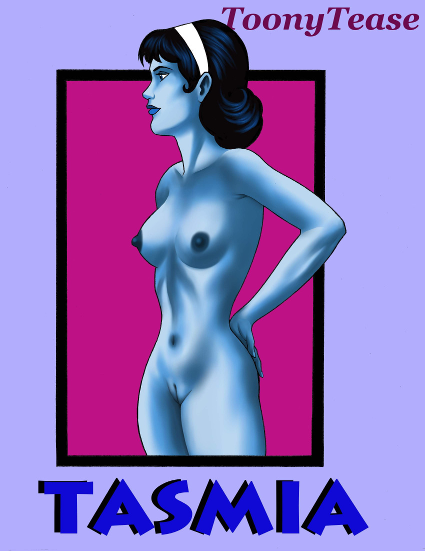 black_eyes black_hair blue_skin legion_of_superheroes nude profile shadow_lass solo toonytease