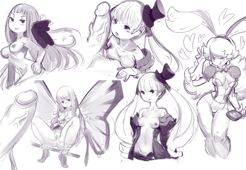 airy animal_ears bottomless bravely_default:_flying_fairy bravely_second breasts bunny_ears character_request collage fairy_wings hat huge_cock large_penis magnolia_arch mini_top_hat minigirl monochrome multiple_girls nipples penis pussy sho-n-d size_difference skirt skirt_lift spread_legs spreader_bar top_hat wings