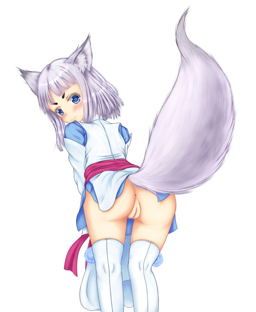 animal_ears anus ass back_view beige_skin blue_eyes blush bottomless clothes color female female_only fox_ears fox_tail fur furry_ears furry_tail grey_hair hair hi_res humanoid japanese_clothes kemonomimi kon_(tokyo_ravens) looking_back open_eyes plain_background pointy_ears pussy raised_tail short_hair solo tail tenyoshi_(briansept) thigh_highs tokyo_ravens wavy_mouth white_background wolf_ears wolfgirl