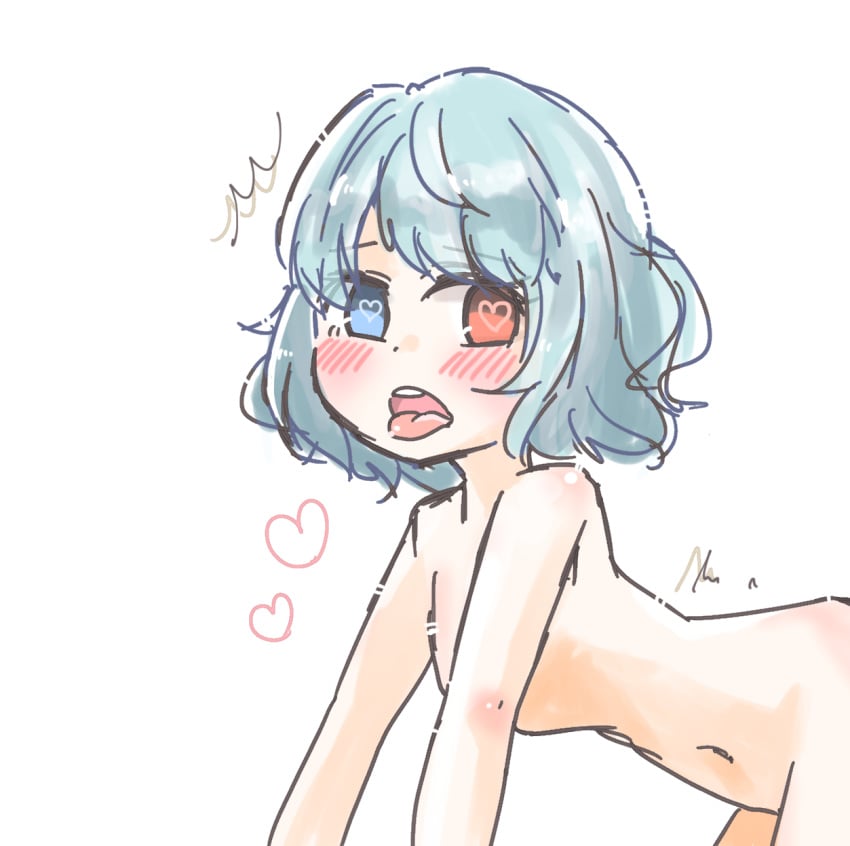 /\/\/\ all_fours blue_eyes blue_hair blush convenient_arm heart heart_eyes heterochromia highres kogasa_tatara messy_hair nude open_mouth red_eyes salt_(seasoning) short_hair tongue tongue_out torogao touhou