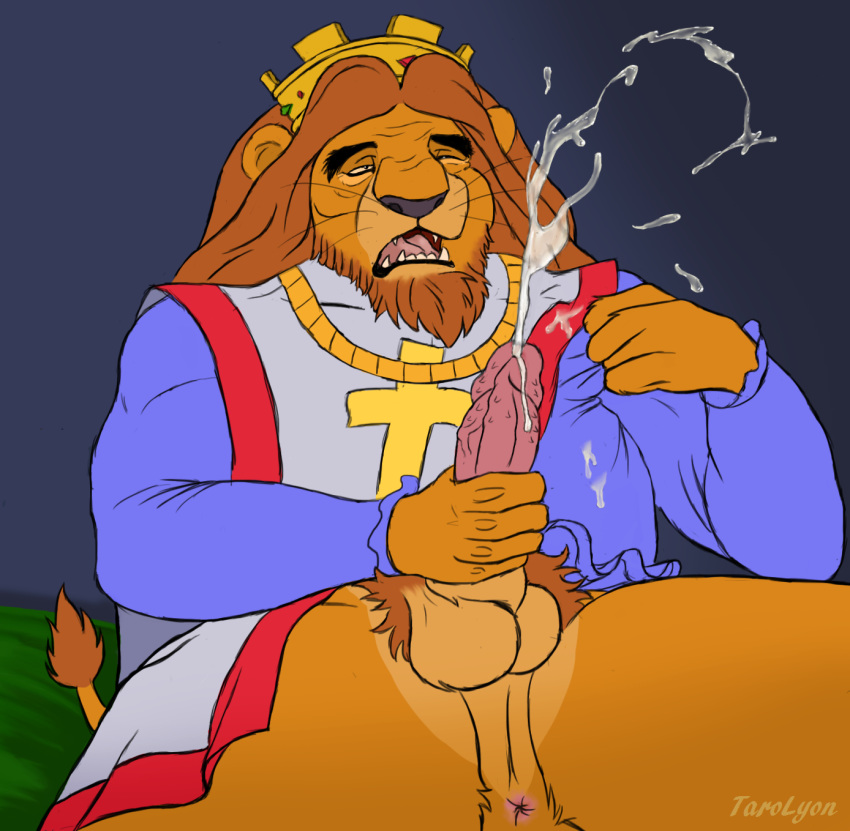 anthro anus balls barbs beard biceps crown cum cumshot facial_hair feline furry king king_richard lion male male_only mane masturbation muscles orgasm penis robin_hood_(disney) royalty solo tarolyon