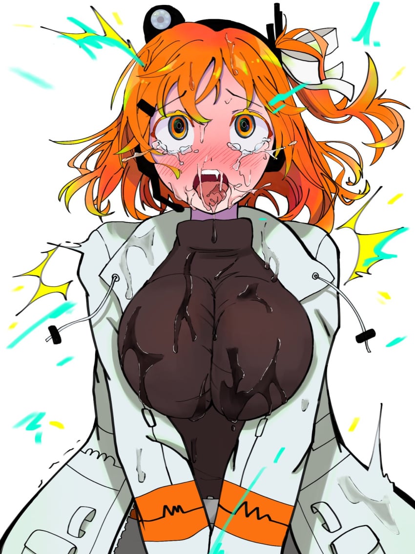 1girls a.i._voice adachi_rei ahe_gao ahegao_face black_turtleneck blush electric_shock electricity fang hair_ribbon hairclip headlamp headset huge_breasts implied_ejaculation jacket malfunction one_side_up open_jacket orange_hair orange_trim radio_antenna robot robot_girl saliva simple_background solo sonosickte suggestive_fluid suggestive_fluid_on_breasts sweater tears turtleneck turtleneck_sweater utau white_background white_jacket white_ribbon