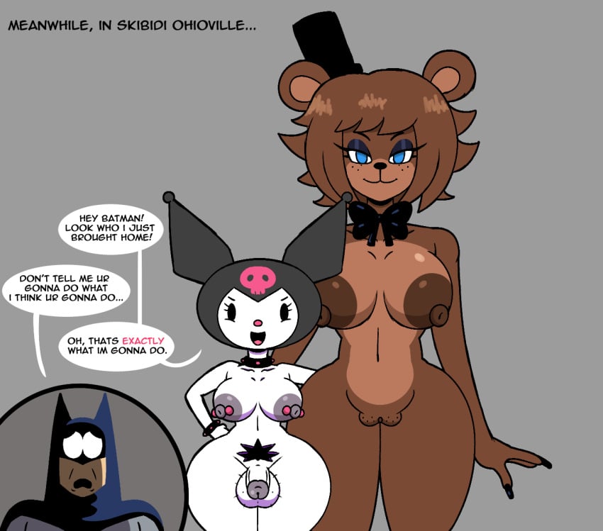 anthro batman batman_(series) big_breasts crossover eastern_and_western_character five_nights_at_freddy's freddy_(fnaf) freddy_fazbear fredina's_nightclub futanari kuromi nipple_piercing onegai_my_melody pubic_hair sanrio zunnibunni