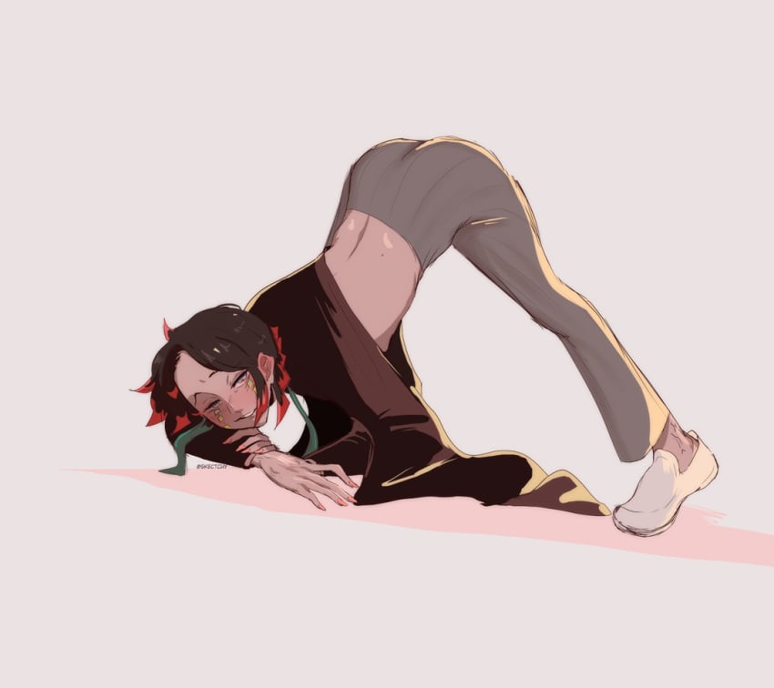 arched_back ass blush demon_slayer enmu femboy jack-o'_pose jack-o_pose kimetsu_no_yaiba presenting_ass tight_clothing tight_pants