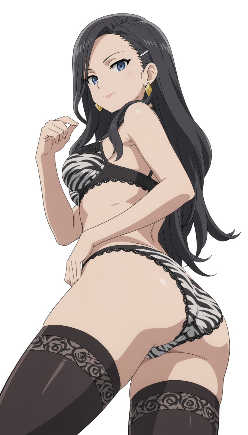 1girls ai_generated alternate_version_available ass black_hair black_legwear black_thighhighs blue_eyes earrings female female_only hi_res jewelry legwear lemonjing lingerie long_hair mature mature_female mature_woman milf mother mother_(lore) sakurajima_mai's_mother seishun_buta_yarou_wa_bunny_girl_senpai_no_yume_wo_minai solo solo_female thighhighs white_background