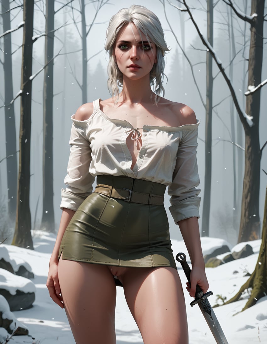 ai_generated cd_projekt_red ciri female forest green_eyes light-skinned_female looking_at_viewer mascara outdoors pussy scar short_skirt snow solo sword tempick the_witcher_(series) the_witcher_3:_wild_hunt white_hair