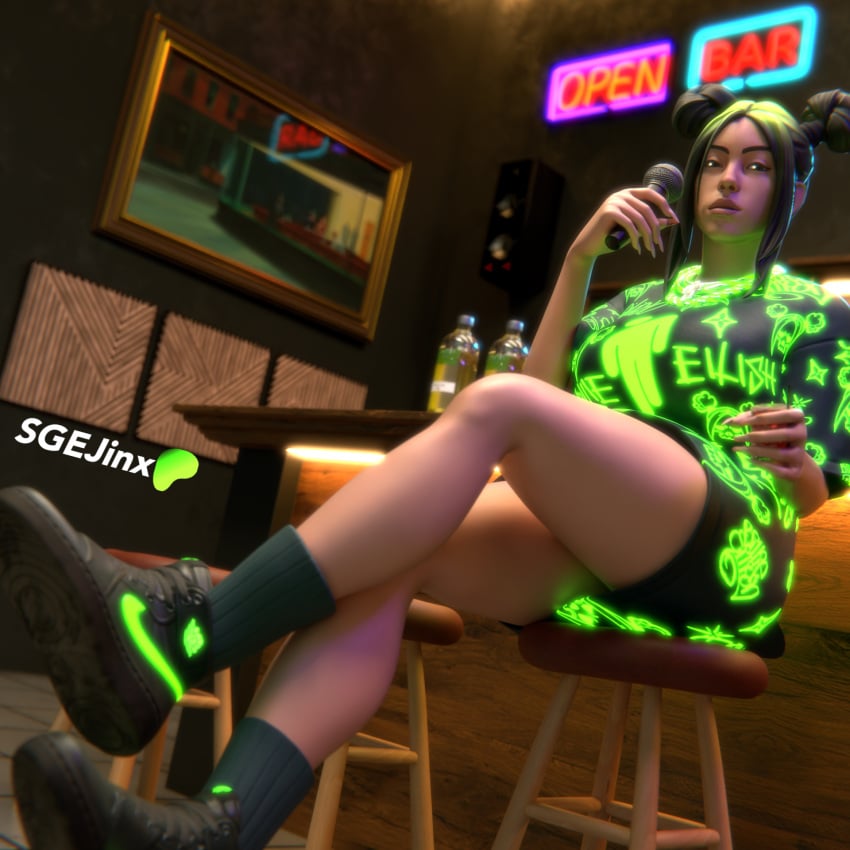 3d 3d_(artwork) alcohol alcoholic_drink anklehighs baggy_shirt bar bar_stool big_breasts billie_eilish billie_eilish_(fortnite) black_hair black_socks blender blender_cycles club crew_socks crossed_legs fingernails fortnite fortnite:_battle_royale green_highlights highres indoors light-skinned_female light_skin lighting long_legs long_nails looking_at_viewer microphone neon neon_green neon_lights neon_sign nike open_legs oversized_clothes oversized_shirt painting patreon_logo sgejinx_(artist) shoes short_hair sitting sneakers socks speaker twitter_username vodka wood