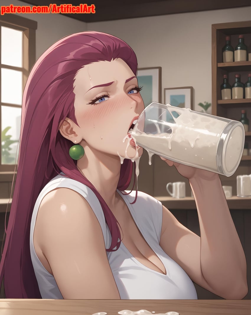 1girls ai_generated artifical_art blue_eyes blush cartoon dripping_cum earrings incest jessie_(pokemon) open_mouth perfect_body pokemon purple_hair red_hair semen_in_mouth team_rocket