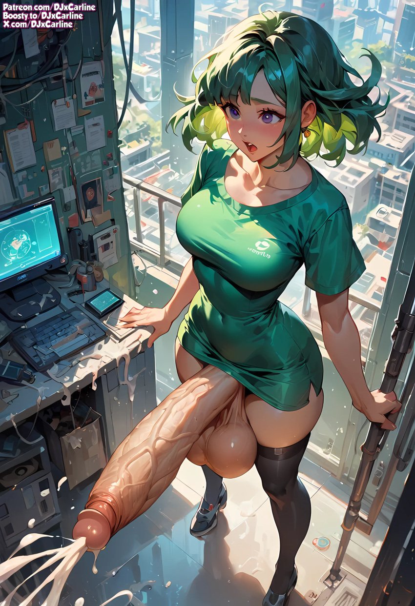 ai_generated big_penis big_testicles dickgirl djxcarline futanari green_hair huge_cock huge_cock space spaceship trap