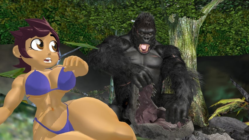 big_ass big_breasts bikini female fighting_over_girl in_awe jaw_grab jungle jungle_background king_kong king_kong_(2005) king_kong_(series) latina luz_noceda mikumikudance mmd the_owl_house tyrannosaurus_rex vastatosaurus_rex